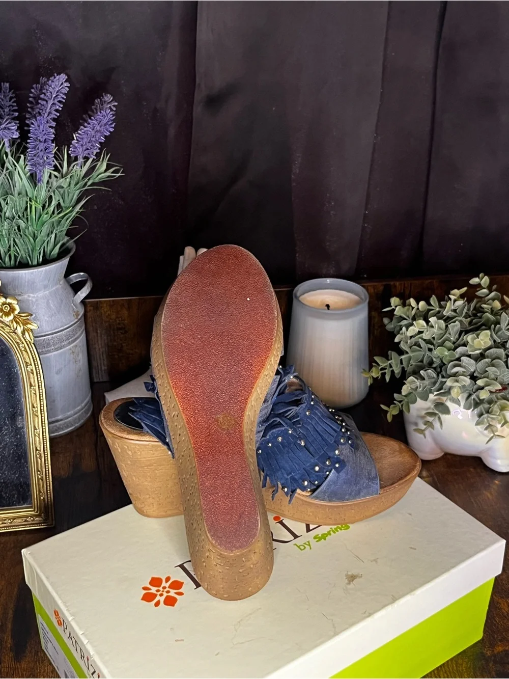 Patrizia by Spring Step Blue Fringe Wedge Sandals 7.5-8